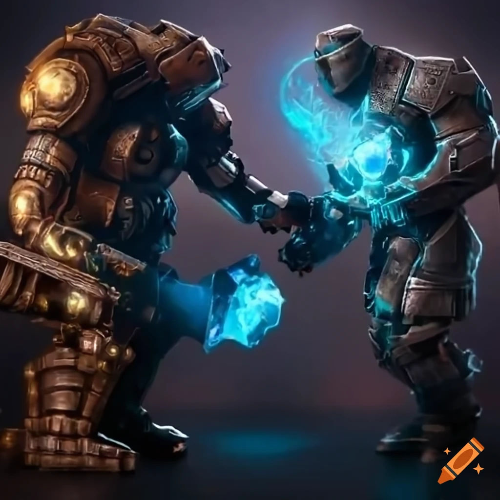 Wallpaper #YWfx8JIBSpphPi3-EGk418 Steampunk Battle Between Armored Servo Soldier and Stone Golem with