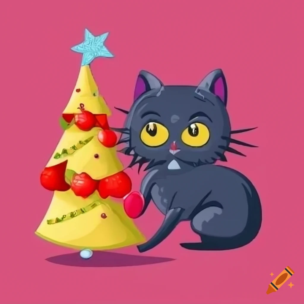 Wallpaper #9mdFCpMBSpphPi3-NNO0542 Cartoon Black Cat Playing Around a Christmas Tree on Craiyon