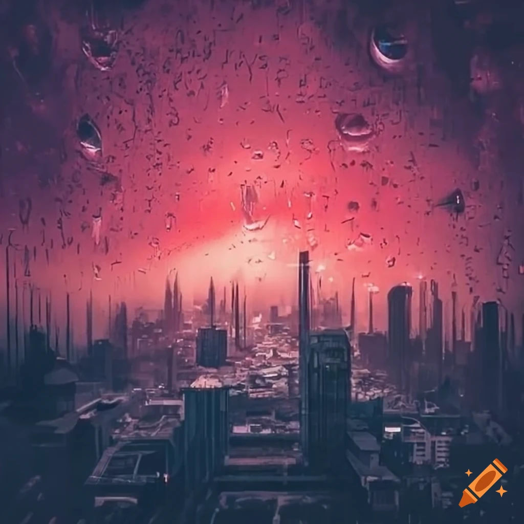 Wallpaper #3WgGIJMBSpphPi3-UCyv28 Dystopian Cityscape in the Rain with a Red Star in the Sky