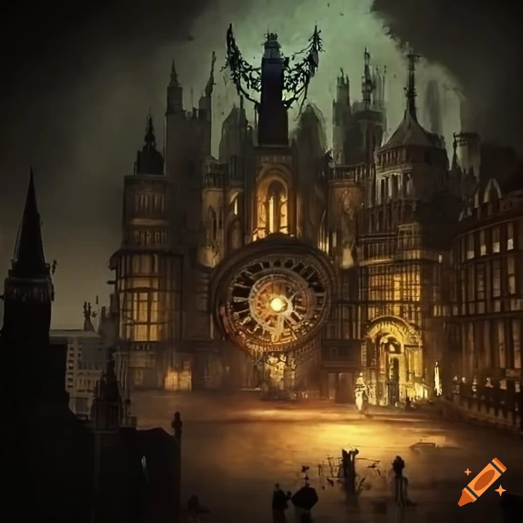 Wallpaper #1GrOMpMBqTKJtJWhBjuw67 Dark Steampunk Cityscape with Clockwork Automatons on Craiyon