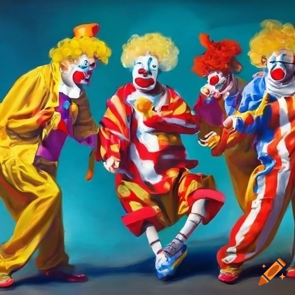 Wallpaper #HGcs_5IBSpphPi3-QKLE350 Photorealist Painting of Clowns Excluding One from Their Group on Craiyon