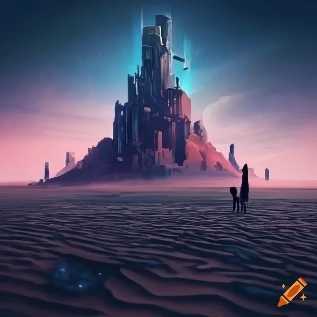 Wallpaper #h2jeIZMBSpphPi3-BDEJ386 Epic Sci Fi Digital Artwork of a Group in a Barren Desert