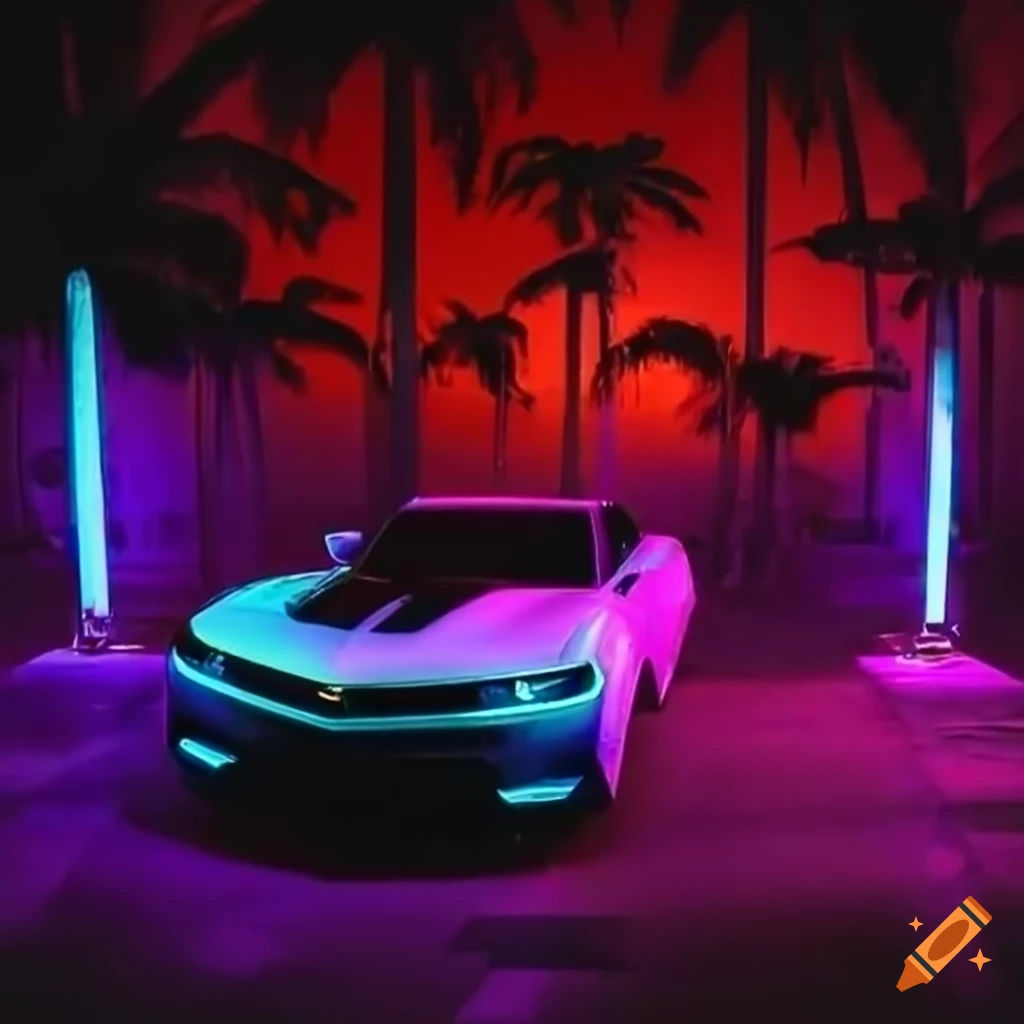 Wallpaper #9WefCJMBSpphPi3-ysvr282 Sleek Camaro with Neon Lights Parked Next to Palm Trees