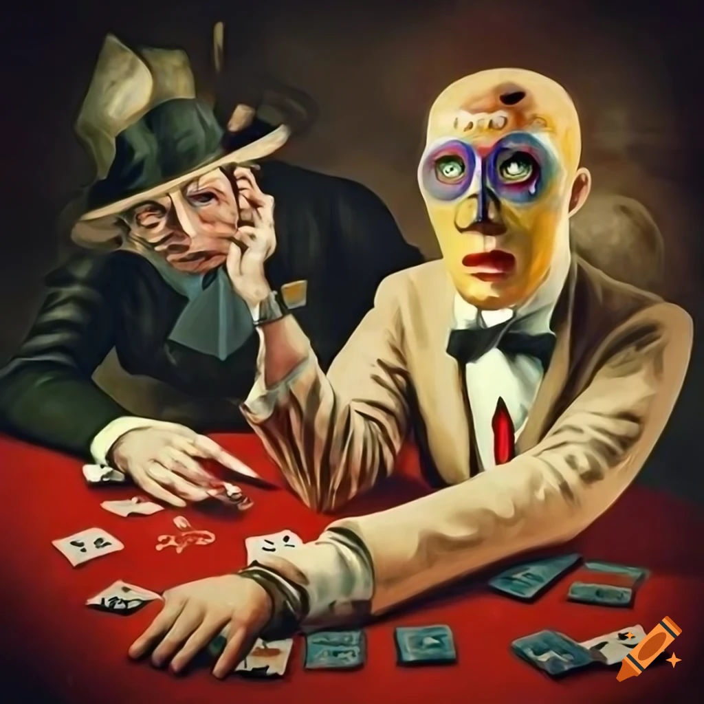Wallpaper #7B0HLZMBlOZrFDOkWM3S304 Surrealist Depiction of People in a Casino with Card Tables on Craiyon