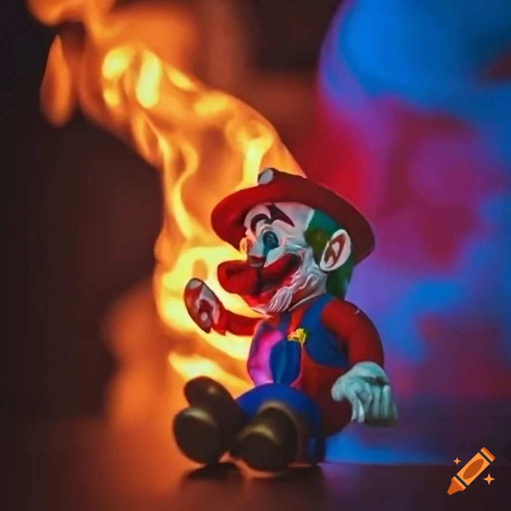 Wallpaper #27ip25IBJvJKYCmEkfew10 Artwork of Mario as the Joker with Explosive Fire on Craiyon