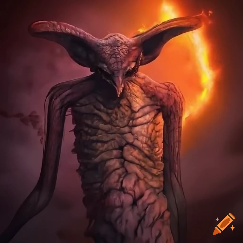 Wallpaper #3WgGIJMBSpphPi3-UCyv365 Dystopian Creature Emerging from Flames Illustration on Craiyon