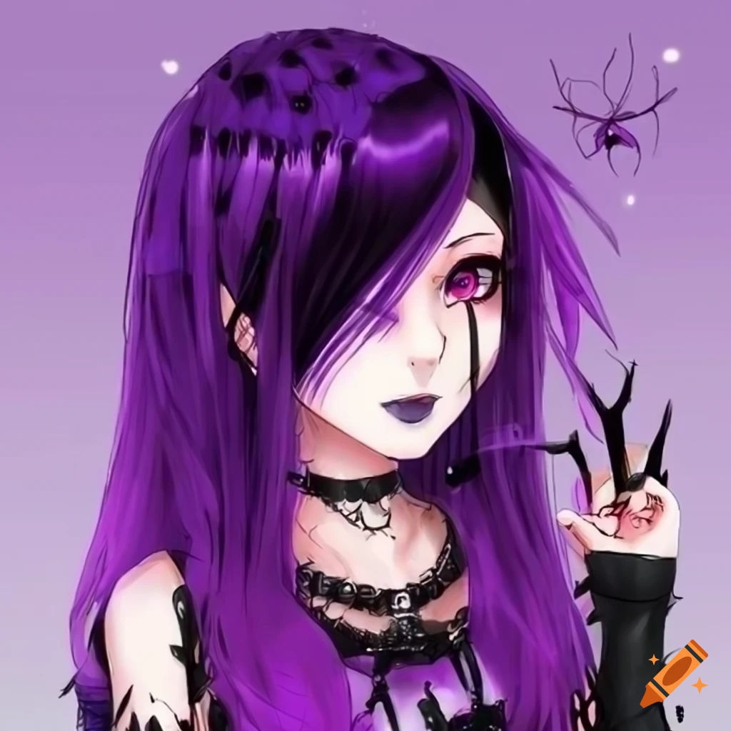 Wallpaper #VPS-OZMBKFX8bn3rsndx257 Anime Goth Girl with Purple Hair and Spiders on Craiyon