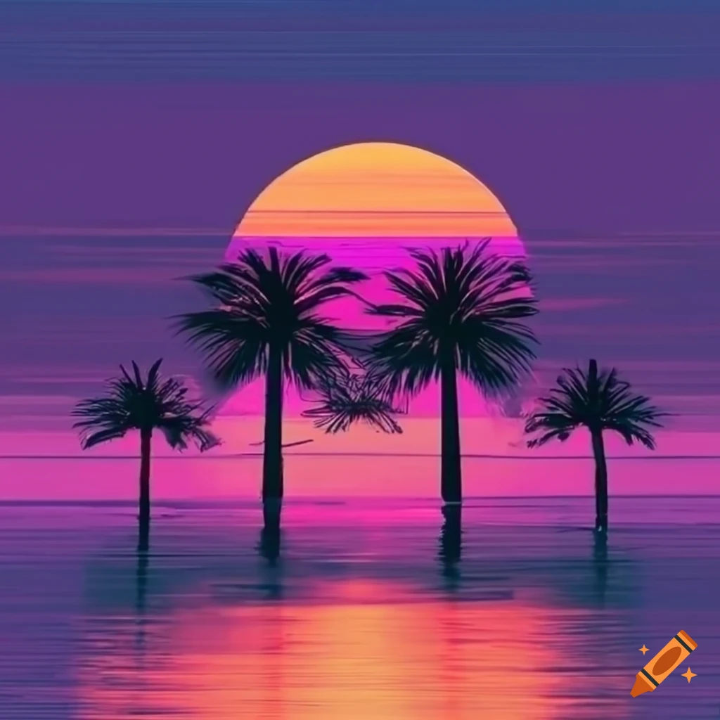 Wallpaper #_ILhP5MB0GiFKesMP79l464 Vaporwave Sunset with Palm Trees on Craiyon