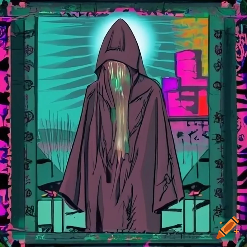 Wallpaper #jGfKAZMBSpphPi3-A6zd198 Cyberpunk Graffiti Style Tarot Card of the Hermit on Craiyon