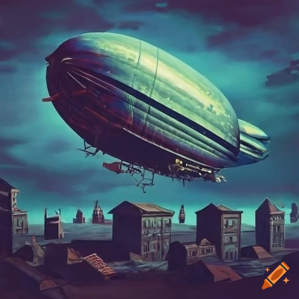 Wallpaper #de-kTJMBMN-XEVvV7z4q189 Retro Sci Fi Artwork of Zeppelin Over Abandoned Town on Craiyon
