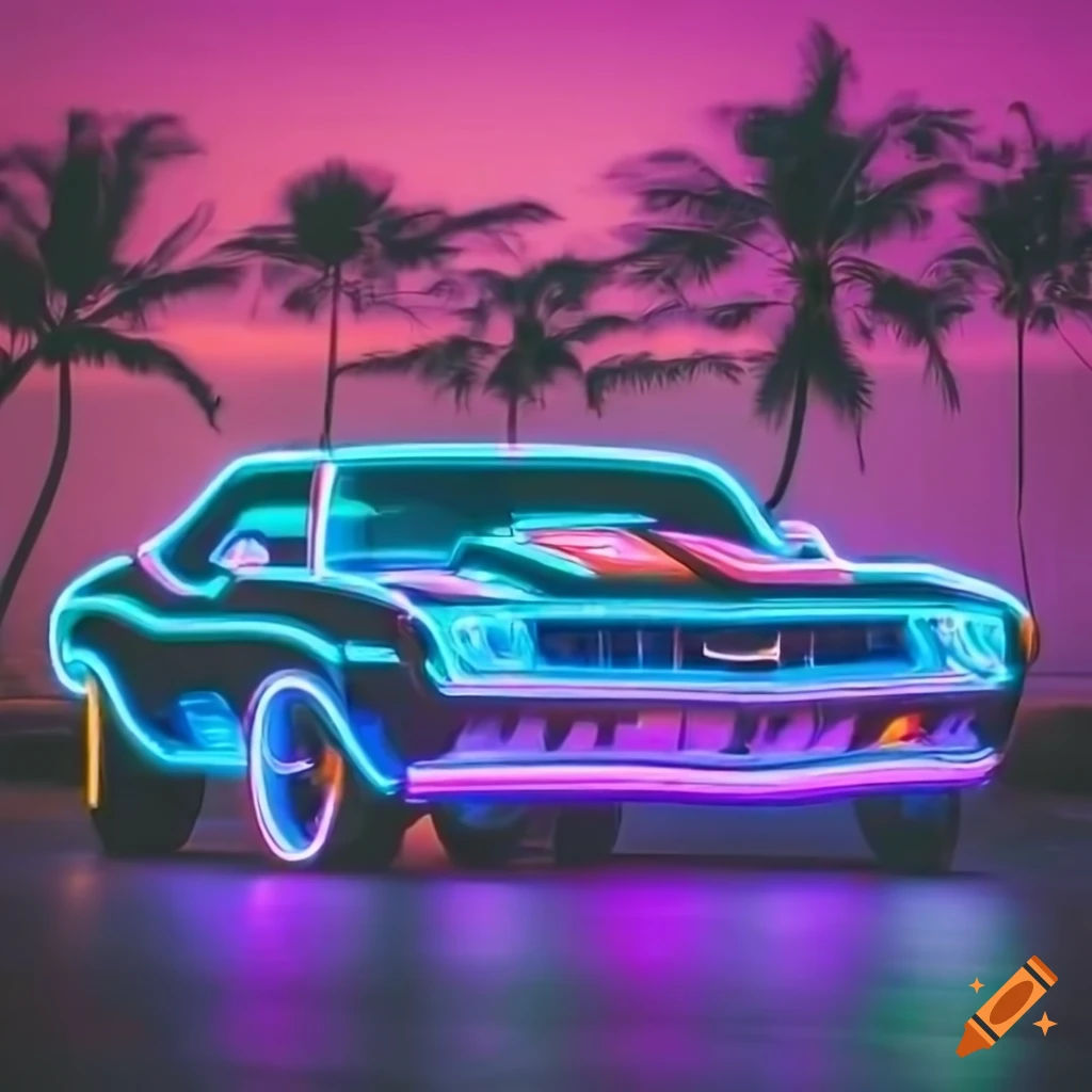 Wallpaper #A_srg5cBx-Hc5Y20MK7i103 Neon Lit Camaro Parked Near Palm Trees on Craiyon