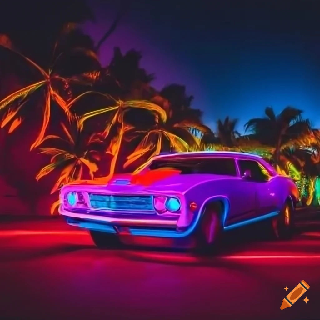 Wallpaper #1GeZCJMBSpphPi3-9svH304 Neon Lit Camaro Parked by Palm Trees on Craiyon