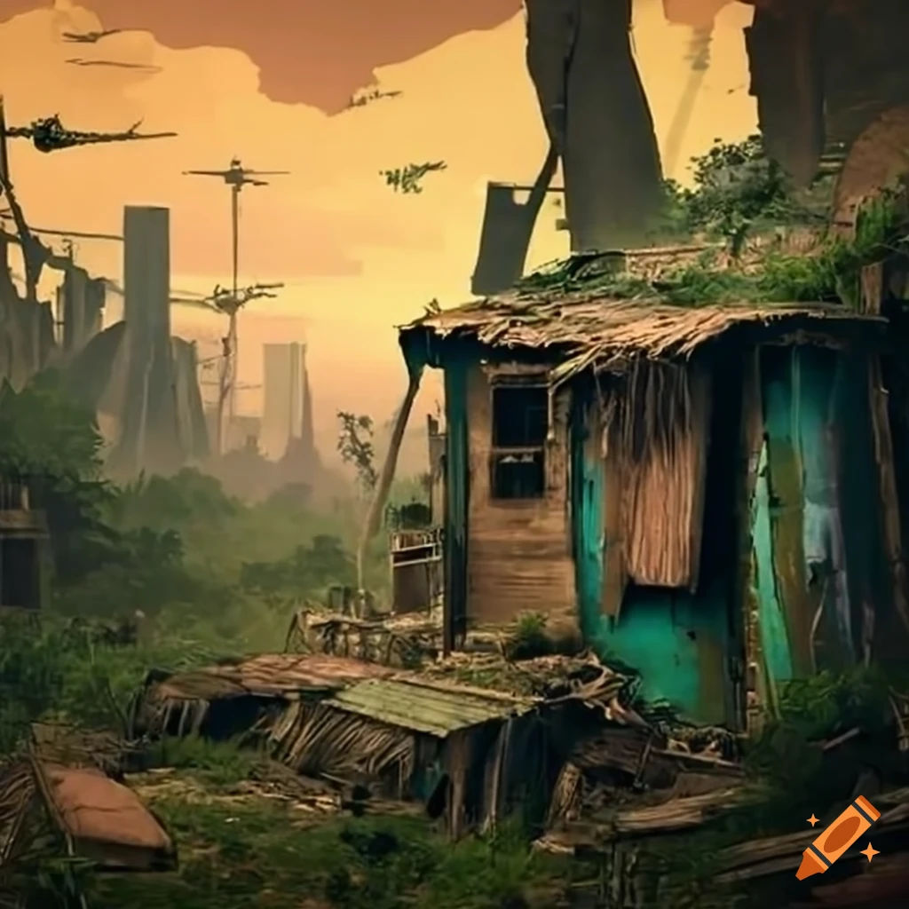 Wallpaper #oJl_P5MBUcASHT6nQswf170 Post Apocalyptic Shantytown in a Jungle on Craiyon
