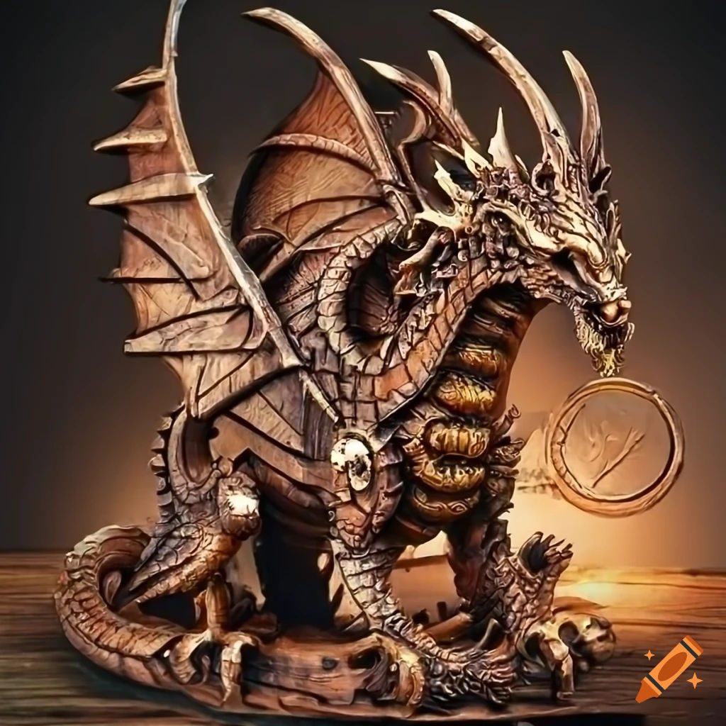Wallpaper #MGh_F5MBSpphPi3-Ow_u161 Detailed Steampunk Dragon Sculpture Made of Wood and Gears on Craiyon