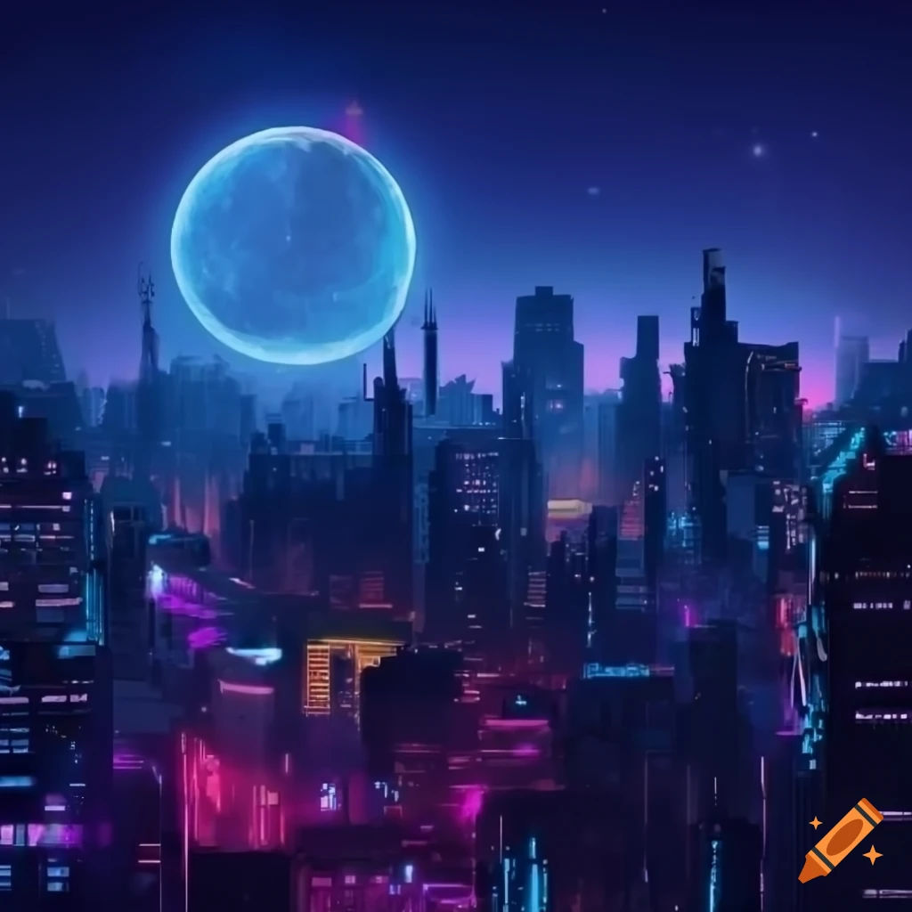 Wallpaper #aWjcHZMBSpphPi3-Yicj144 Neon Cyberpunk Cityscape with a Futuristic Moon on Craiyon
