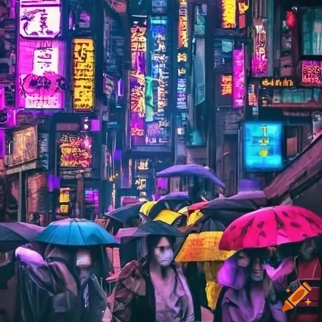 Wallpaper #0GgmGJMBSpphPi3-_xE1130 Cyberpunk Street Scene with Crowded People and Umbrellas on Craiyon