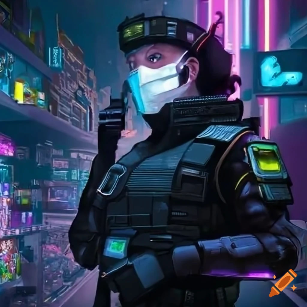Wallpaper #1kCyMZMBJhL2WPbaKMfc164 Cyberpunk Cop in a Futuristic Convenience Store on Craiyon