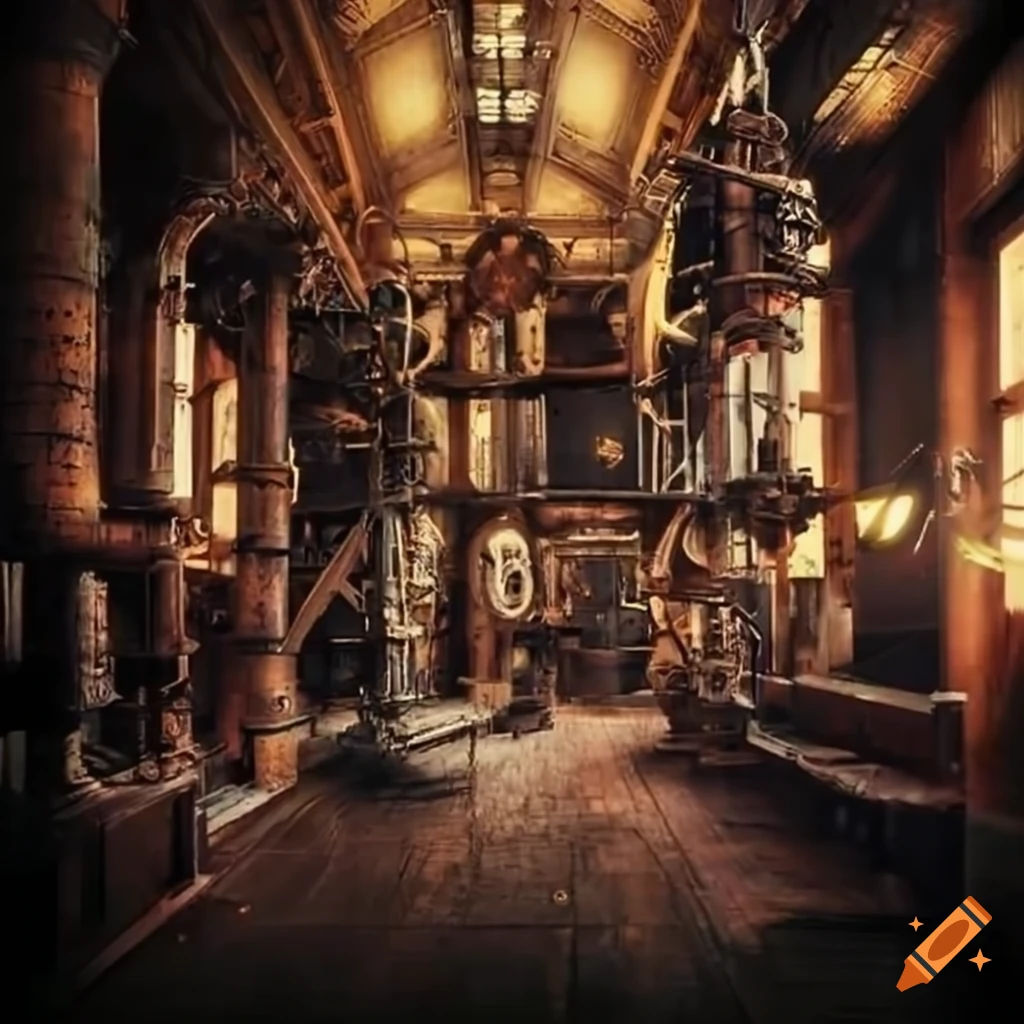 Wallpaper #ZW13apcBycdYOYFT6XGO88 Interior of a Tall Steampunk Factory on Craiyon