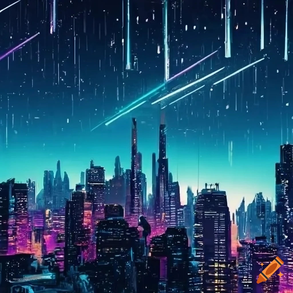 Wallpaper #aWjcHZMBSpphPi3-Yicj63 Cyberpunk Cityscape with Neon Lit Buildings and Meteor Shower