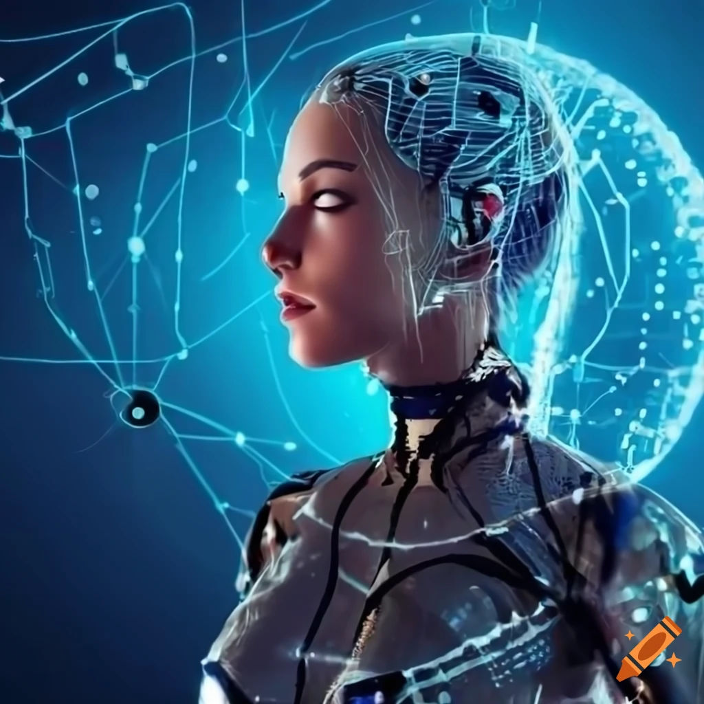 Wallpaper #2f-aZ5MB3lSXT3zUluJX76 Cybernetic Woman with Blue Background and Neural Networks on Craiyon