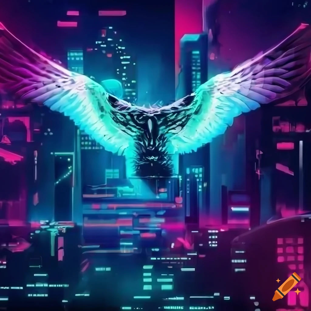 Wallpaper #2f-aZ5MB3lSXT3zUluJX311 Neon Cybernetic Owl with Outstretched Wings on Craiyon