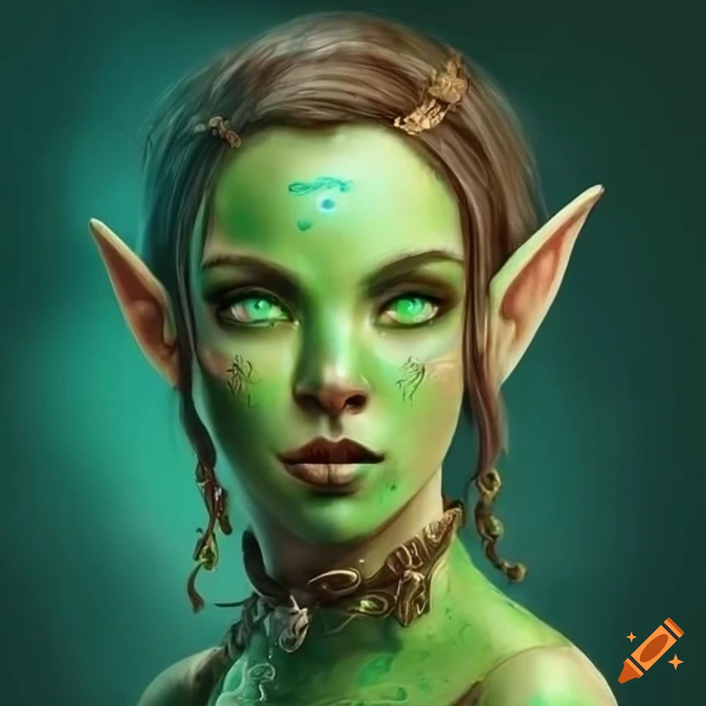 Wallpaper #DZ27ZJcBkAG5jTCH-LFh96 Digital Art of a Green Skinned Wood Elf Girl on Craiyon