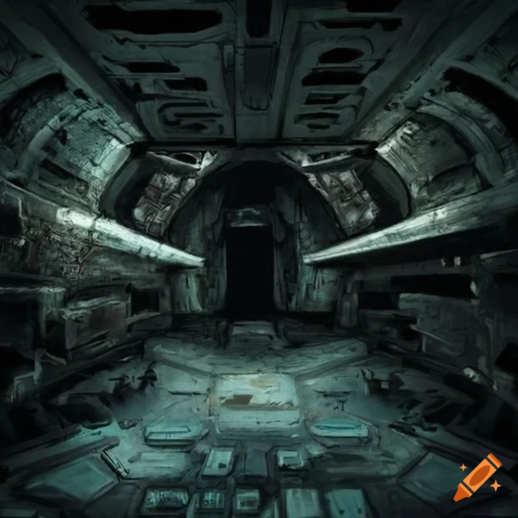 Wallpaper #8miAIJMBSpphPi3-mS3Z70 Spooky Derelict Spaceship Interior on Craiyon