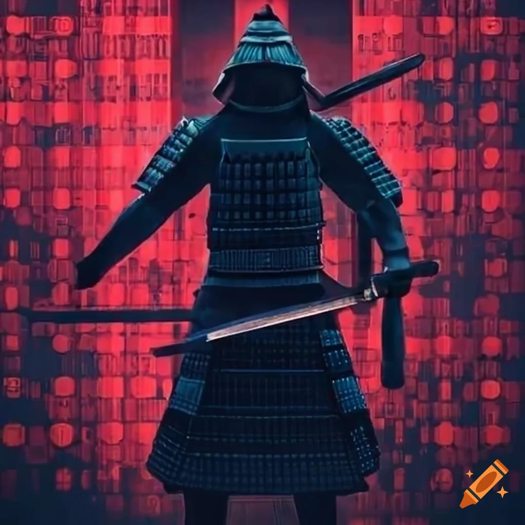 Wallpaper #lGiXF5MBSpphPi3-bA_J297 Cyberpunk Samurai with Sword in Front of Binary Code Wall