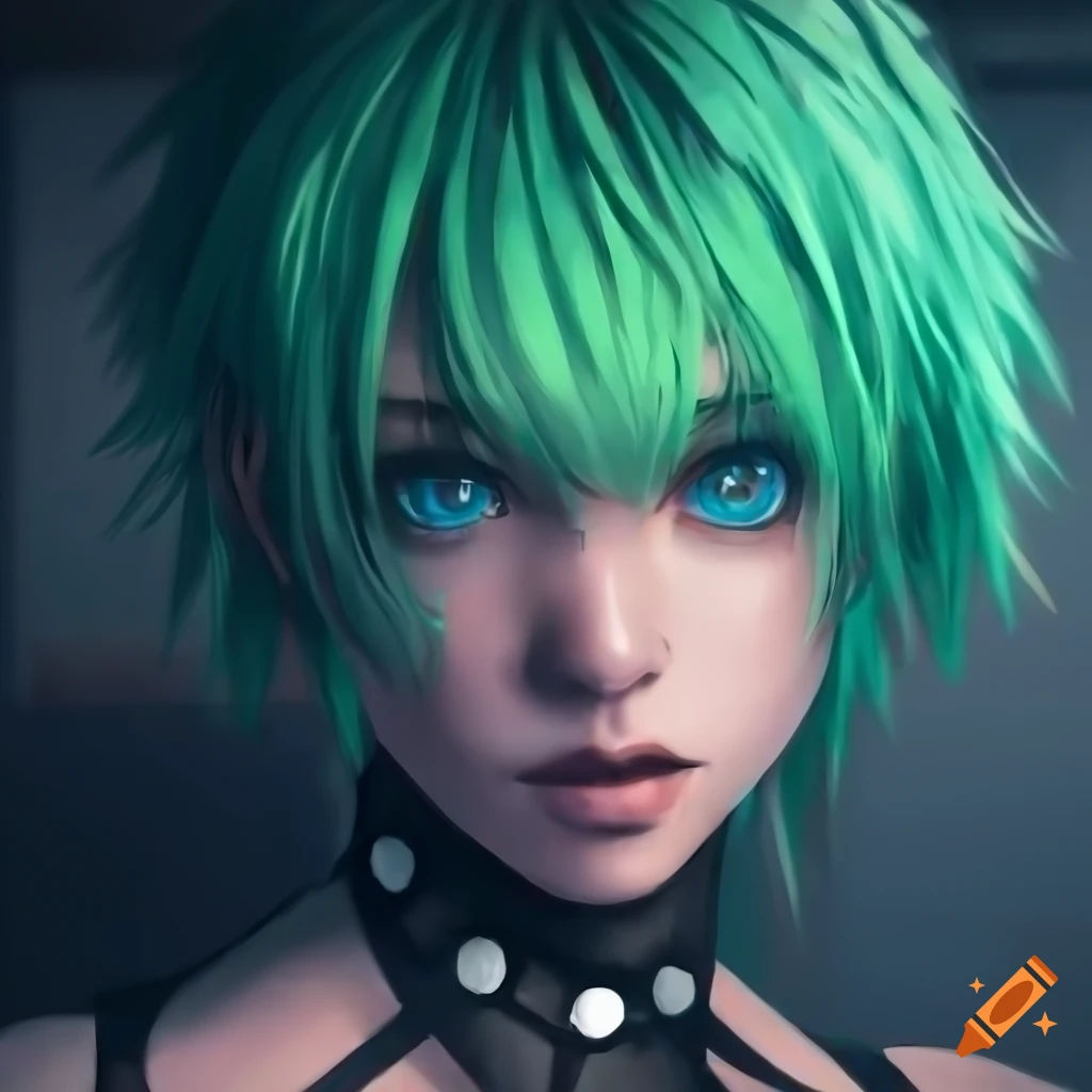 Wallpaper #42iHFpMBSpphPi3-IQts293 Detailed Portrait of a Green Haired Anime Character in a Garage on Craiyon