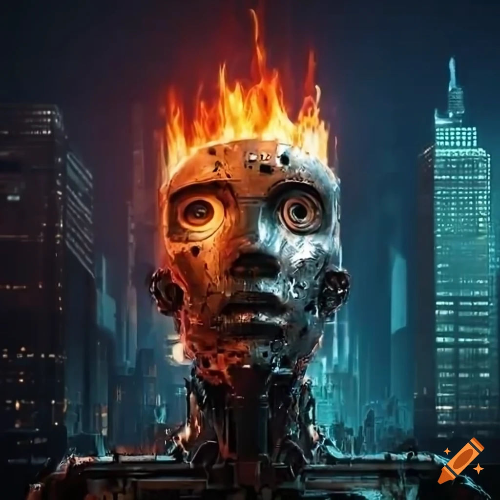 Wallpaper #NWcH9pIBSpphPi3-kYJt268 Digital Art of a Fiery Robot in a Dystopian City on Craiyon