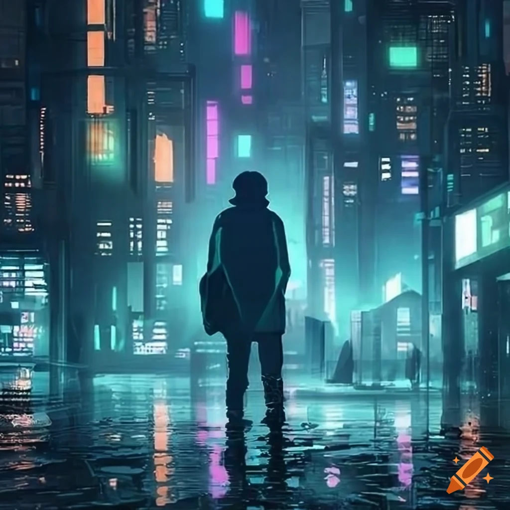 Wallpaper #N-bUMpMBA7IOc3WmwxKC221 Man in a Futuristic Cyberpunk City Under the Rain on Craiyon