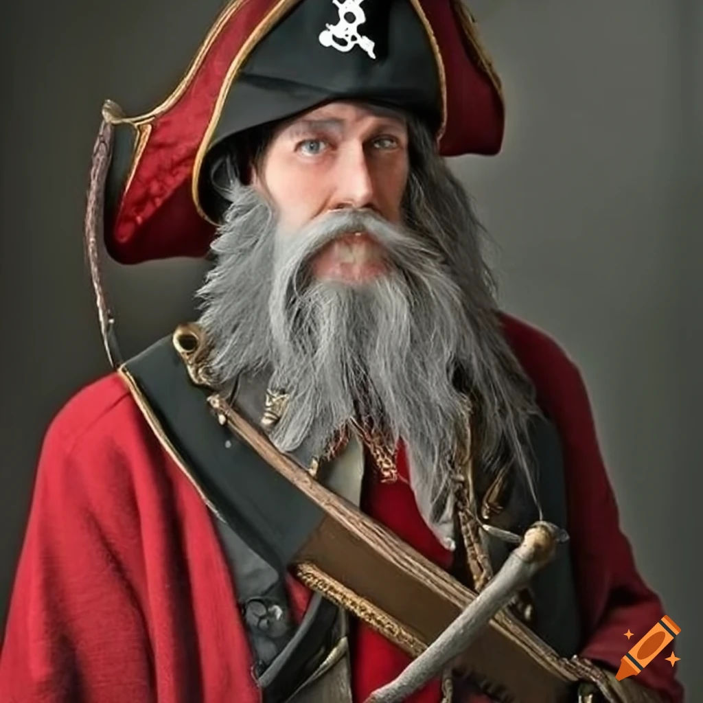 Wallpaper #0jEXNpMB5zzyi_yYPFik37 Image of a Pirate Captain with Long Grey Beard and Red Coat on Craiyon