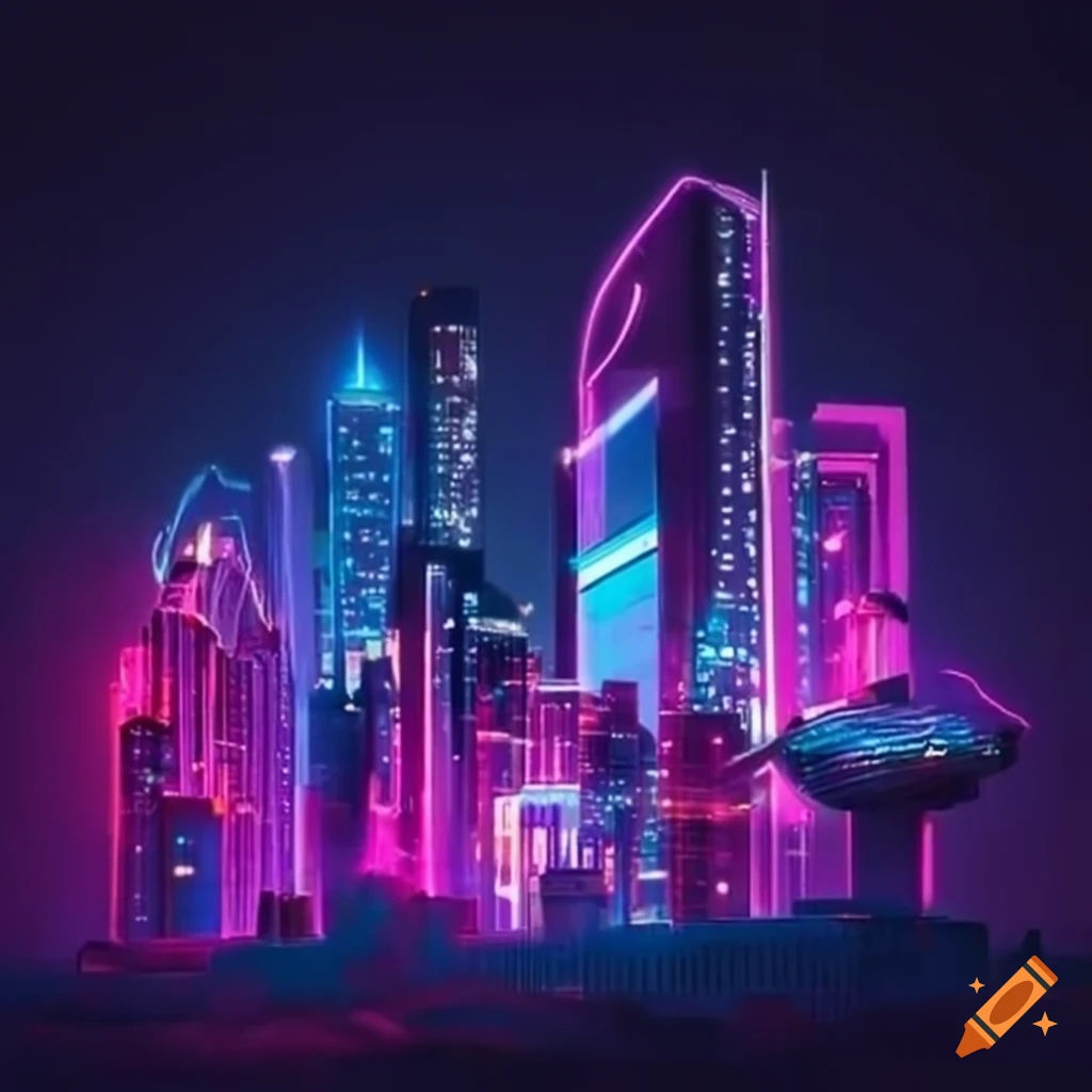 Wallpaper #Y-pfV5MBlwTYPL18OhG2100 Neon Lit Cyber City with Flying Machines on Craiyon