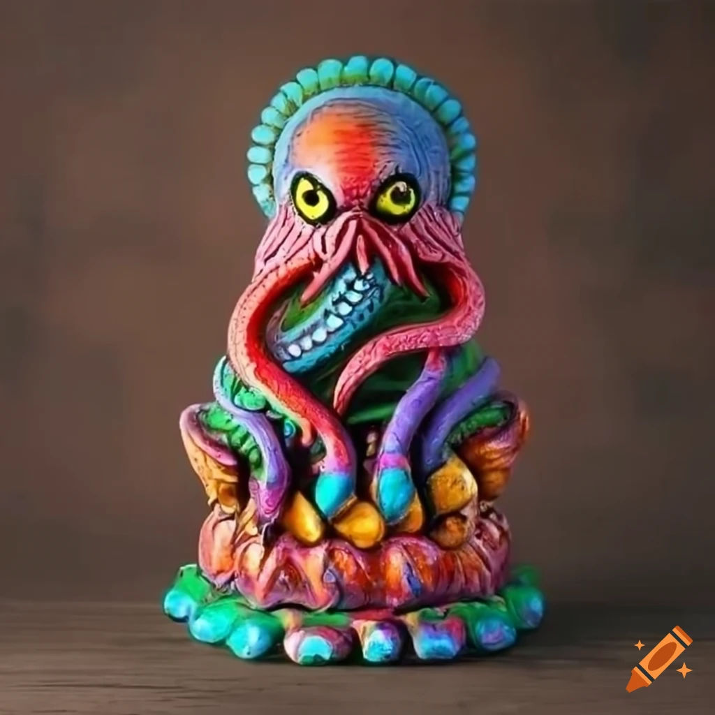 Wallpaper #uwMnZJMBpyOg8YnEDtaL224 Colorful Wooden Statue of a Winged Cthulhu on Craiyon