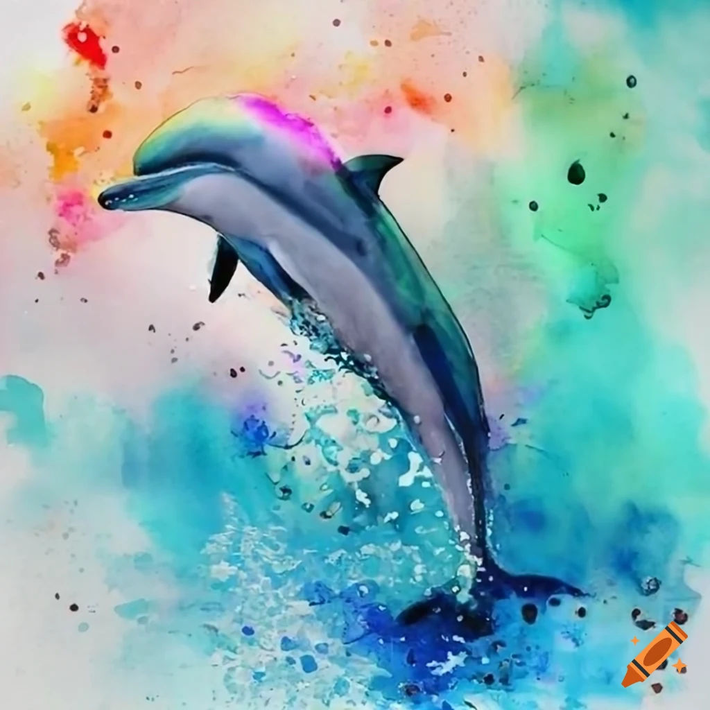 Wallpaper #aWdbBJMBSpphPi3--bfl225 Dolphin Jumping Out of Water Vibrant Watercolor Abstract on Craiyon