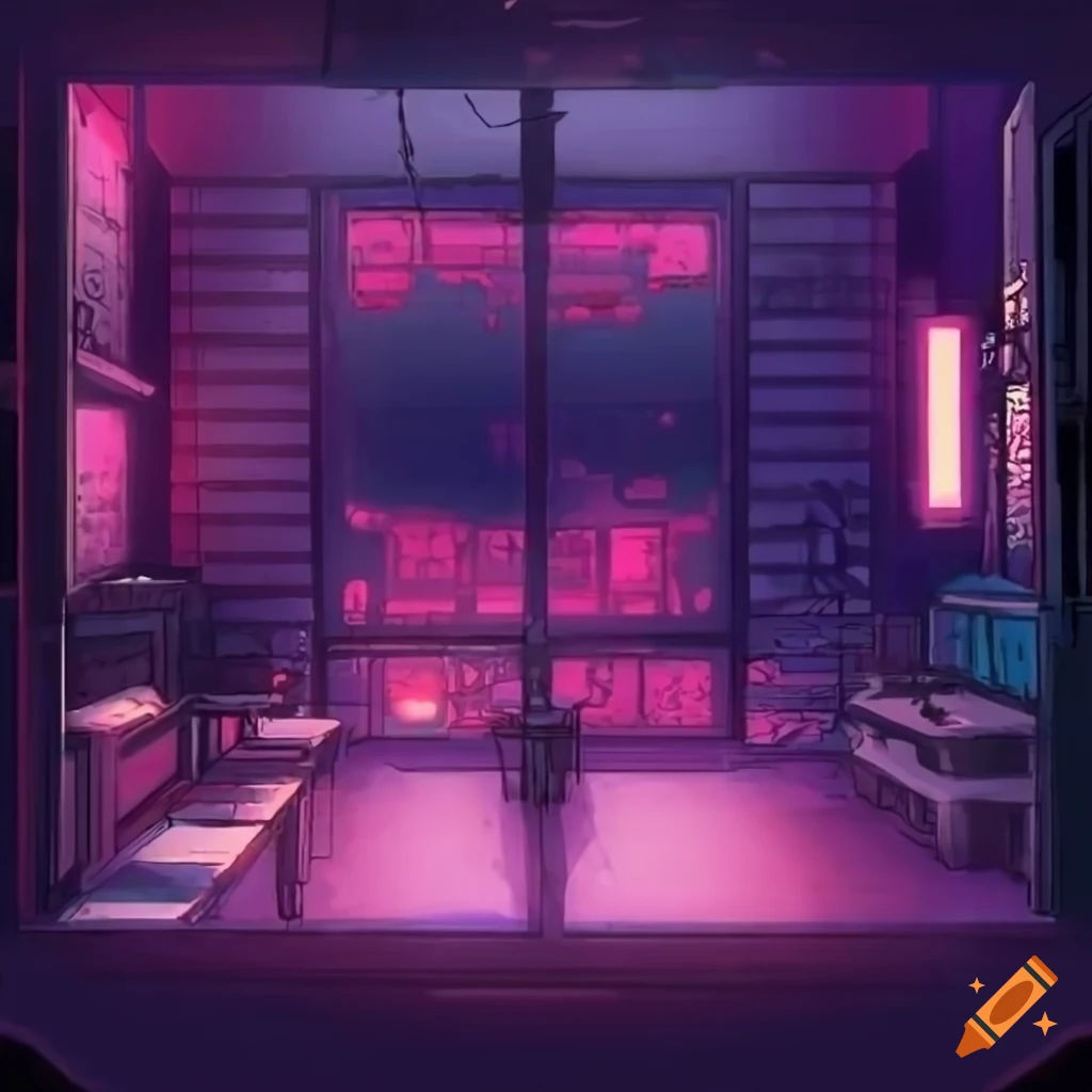 Wallpaper #rGf2-pIBSpphPi3-35I2132 Cyberpunk Room with a Window with Cherry Blossoms Anime Style