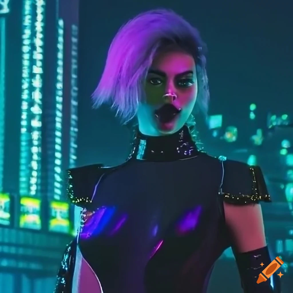 Wallpaper #EW18bJcBycdYOYFTC3Oh41 Futuristic Femme Fatale in a Cyberpunk Cityscape with Neon Lights on