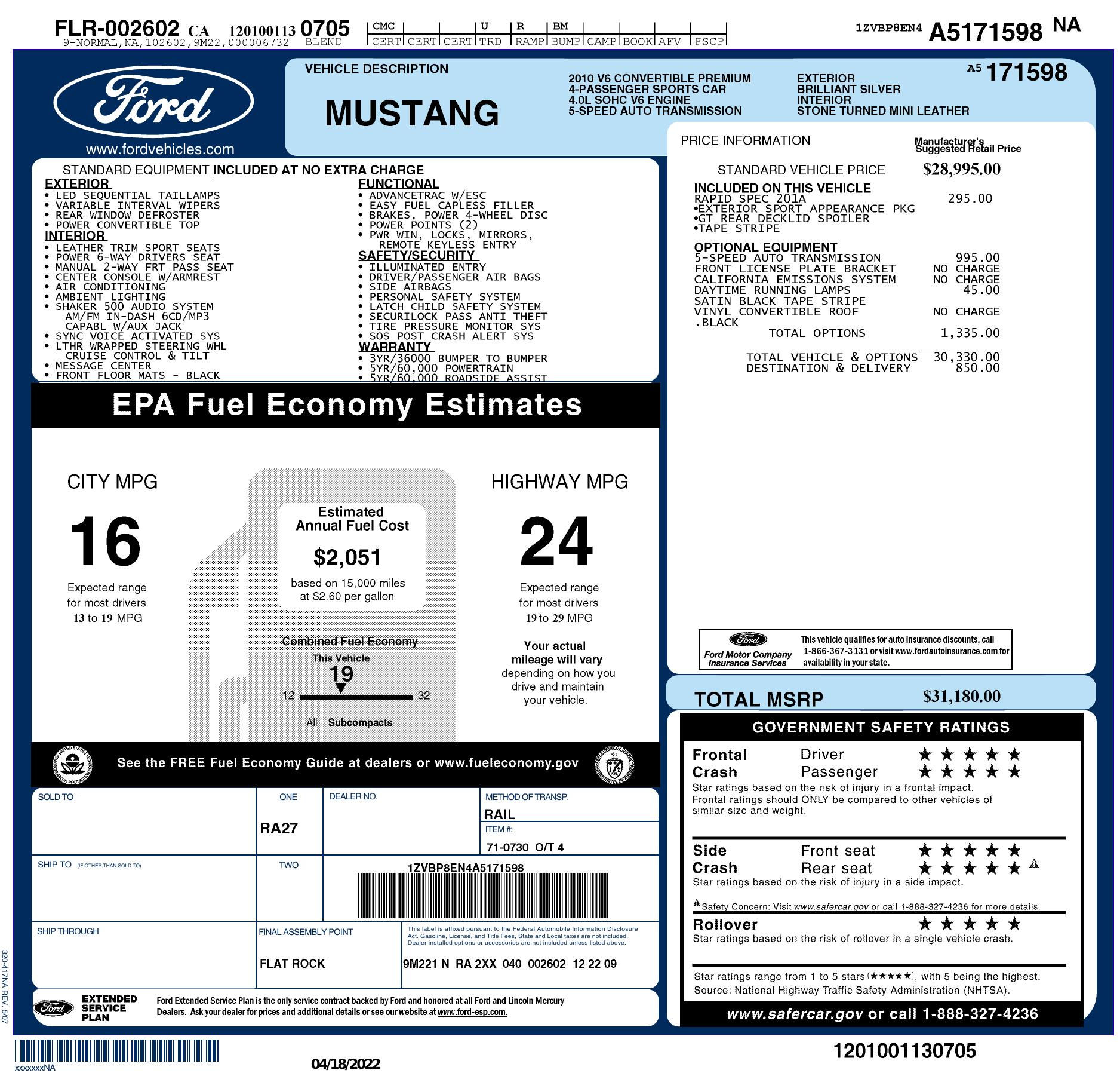 Wallpaper #2e_gTJMBMN-XEVvVrT7C272 Window Sticker for 2010 Ford Mustang V6