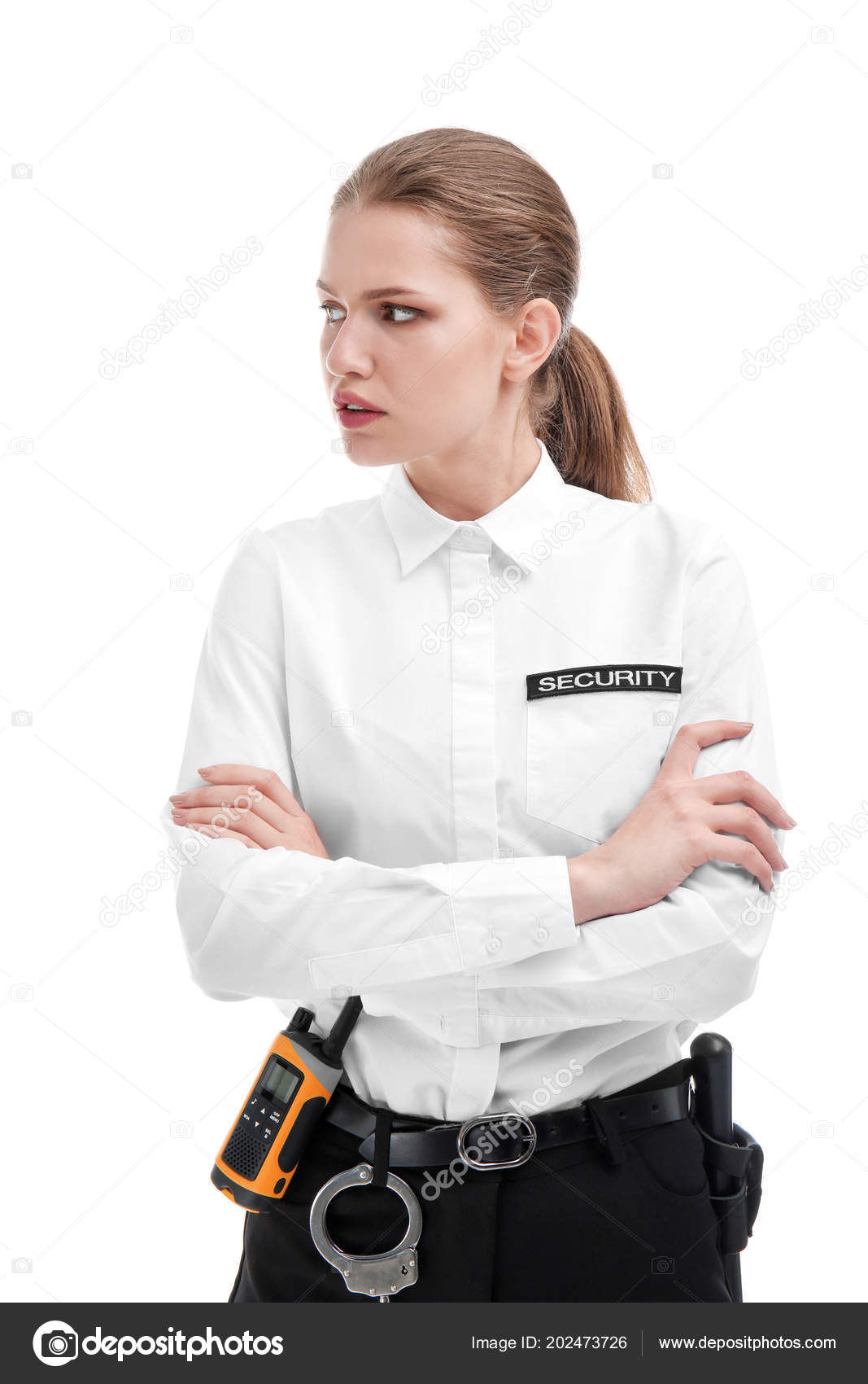 Wallpaper #xuqKVZMBlwTYPL18yg2e260 Female Security Guard Uniform White Background Stock Photo by
