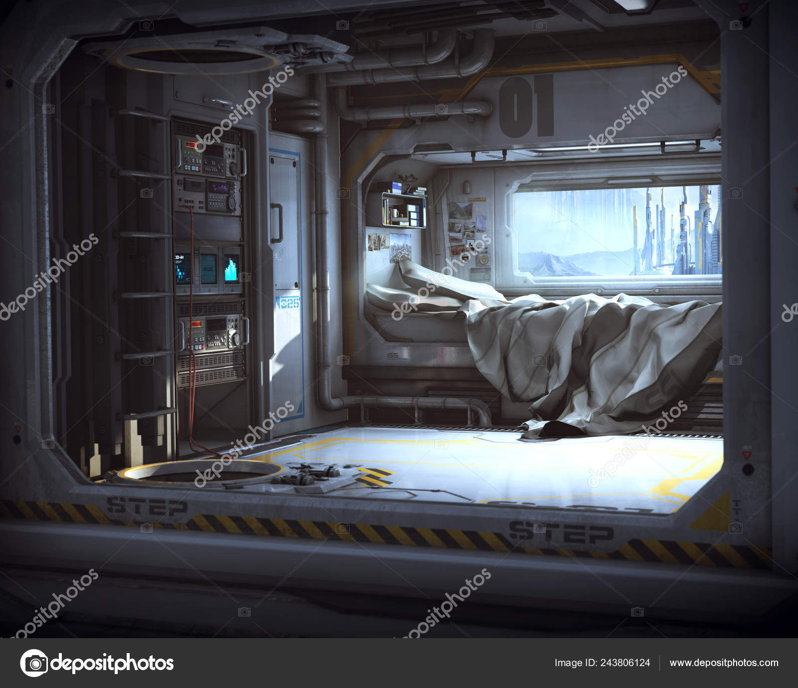 Wallpaper #r7gj2JIBJvJKYCmEhOZY223 Sci Spaceship Bedroom Empty Stock Photo by Ravven 243806124