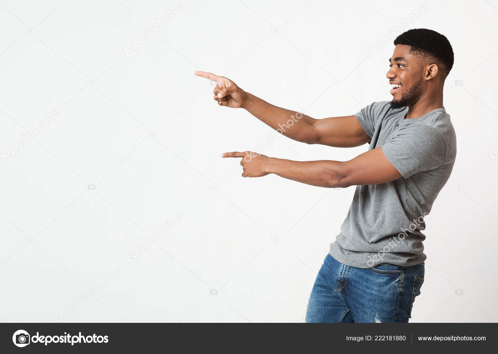 Wallpaper #IWf6_JIBSpphPi3-lZoB41 Excited Black Man Pointing Two Fingers Aside at Copy Space Stock Photo