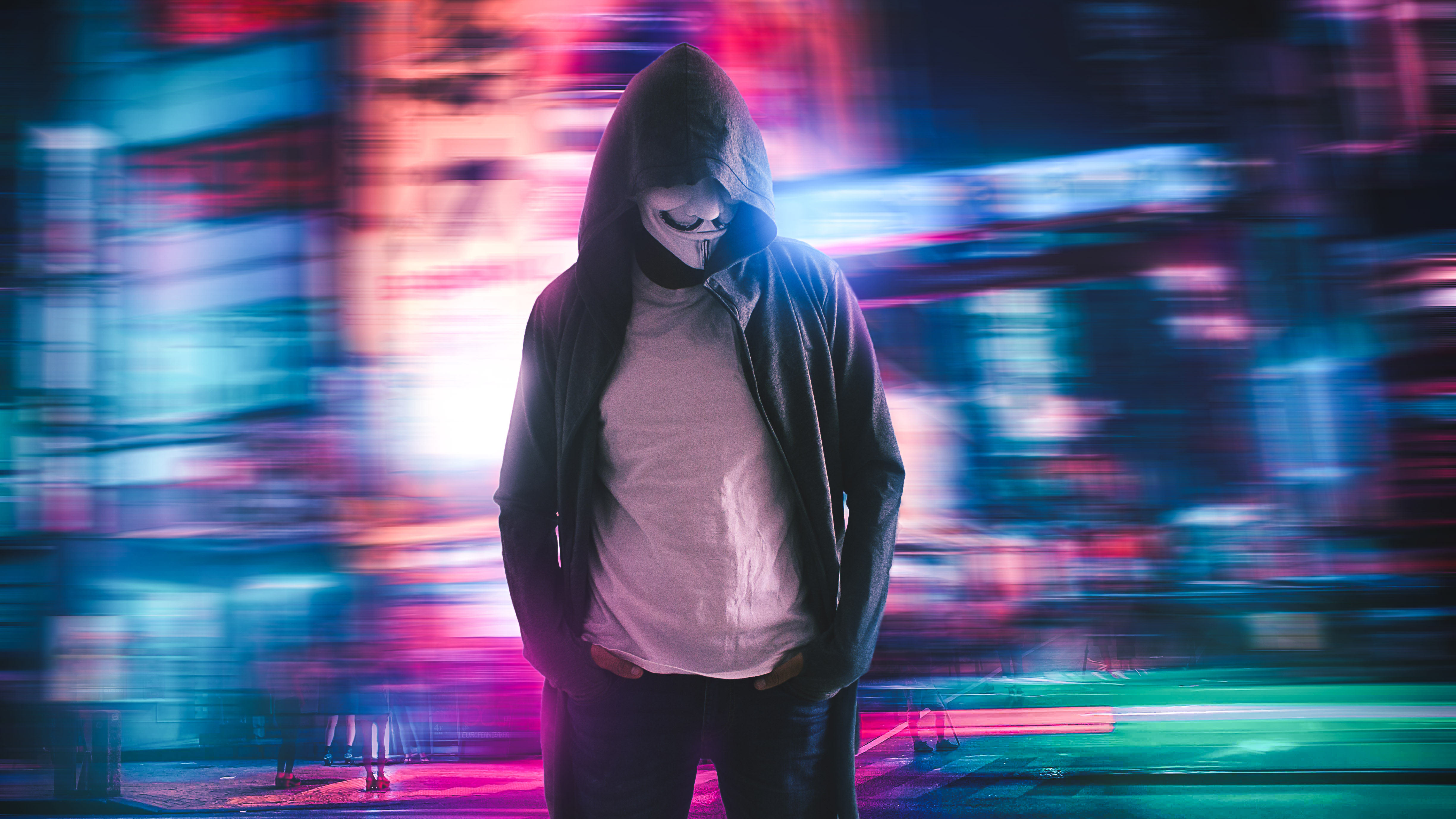 Wallpaper #gfuVhJcBx-Hc5Y20w6-U79 Masked Man Anonymous Hoodie Hacker Neon City Ultra HD Wallpaper