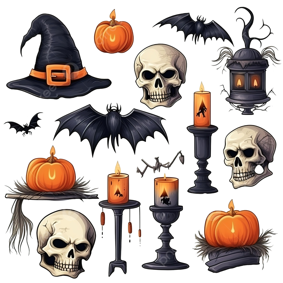 Wallpaper #Fmdx5pIBSpphPi3-DjO-363 Colorful Halloween Decoration Elements Skull Pumpkins Spider Ghost