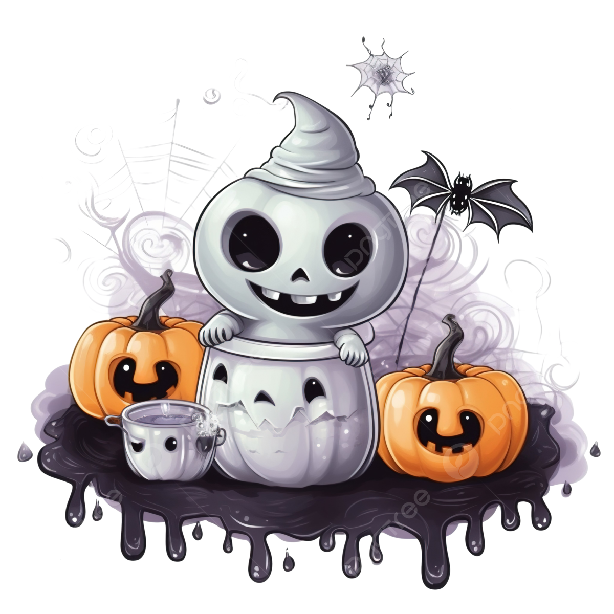 Wallpaper #9WfcCZMBSpphPi3-mtGO267 Cute Ghost with Potion Cauldron with Bubbles Black Spider and Spider