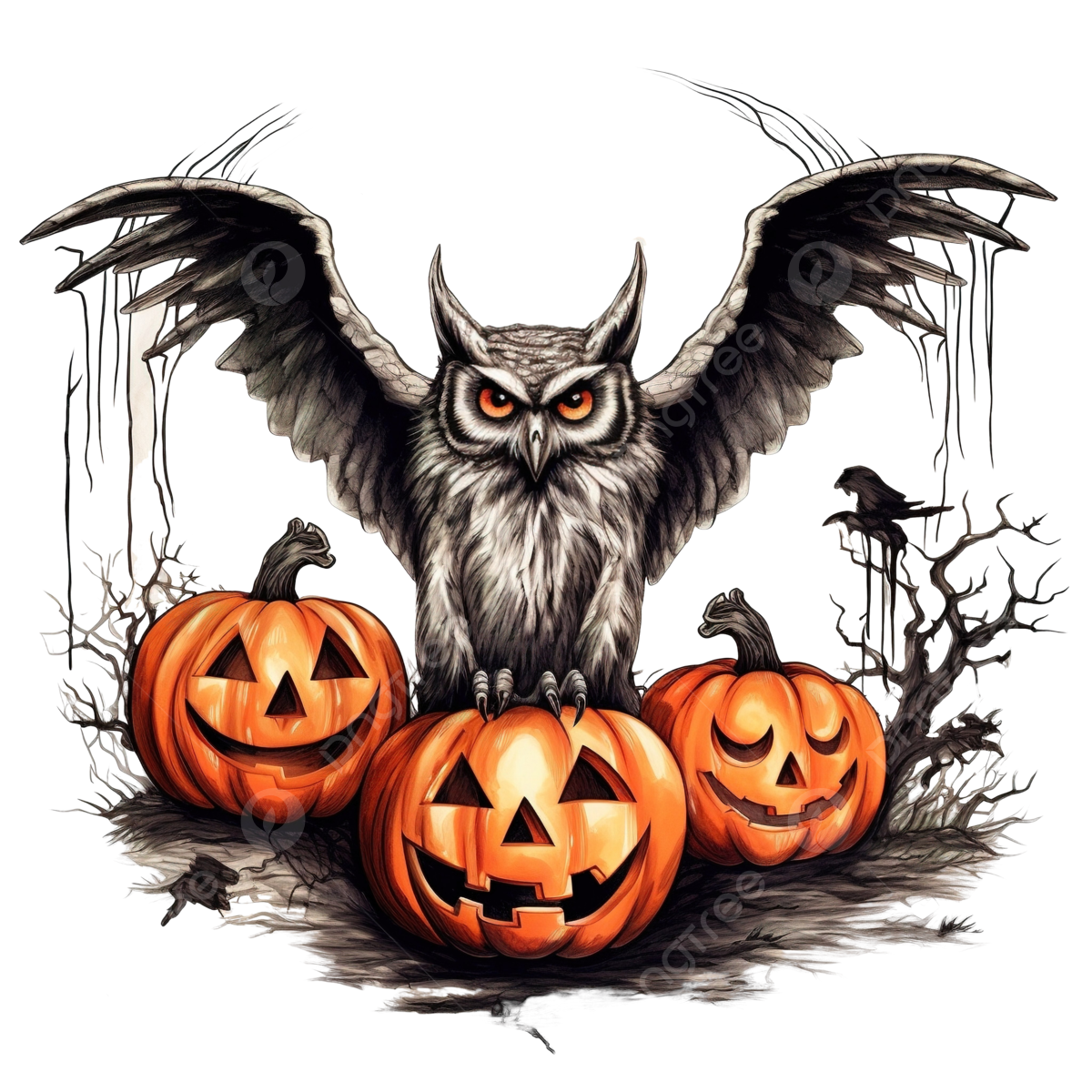 Wallpaper #tWgrGZMBSpphPi3-wxVR259 Trick or Treat Halloween Hand Drawn Flying Owl and Pumpkins with Spider