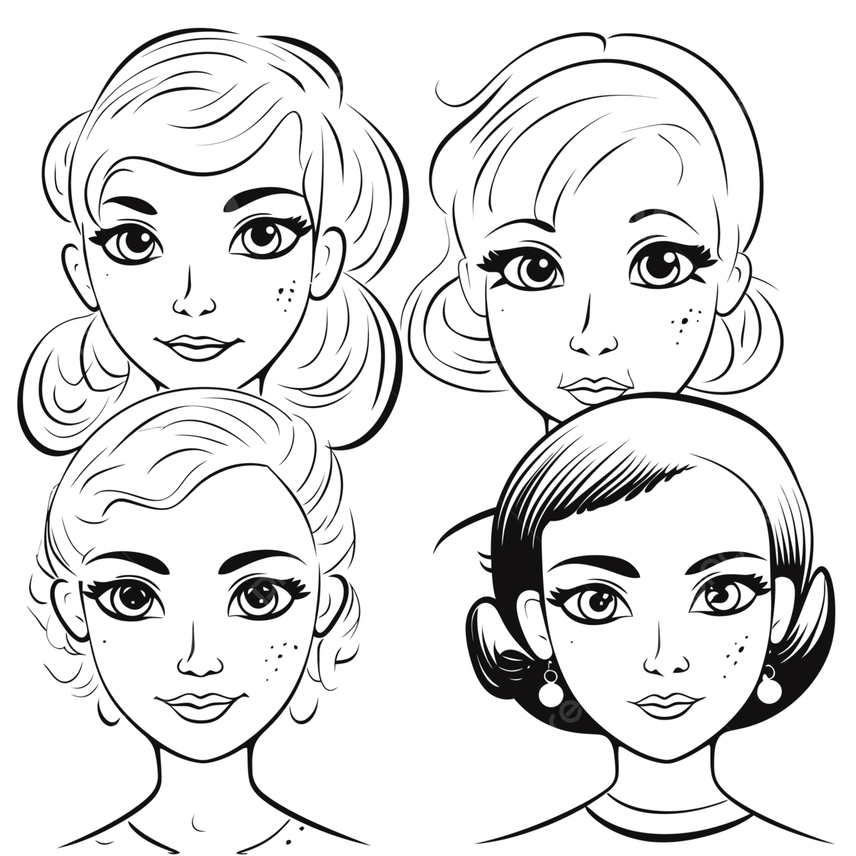 Wallpaper #PGiaG5MBSpphPi3-TiDb147 Four Different Female Faces Drawn Cartoon Style Vector Illustration