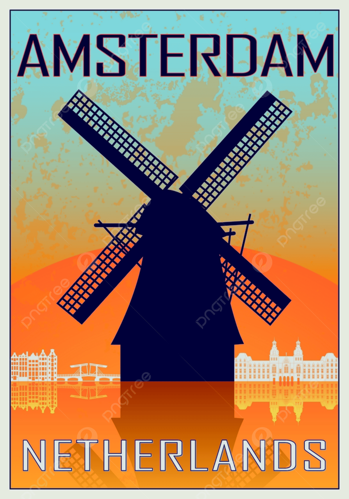 Wallpaper #zWdqCZMBSpphPi3-2s_N365 Amsterdam Vintage Poster in Orange and Blue Textured Background with
