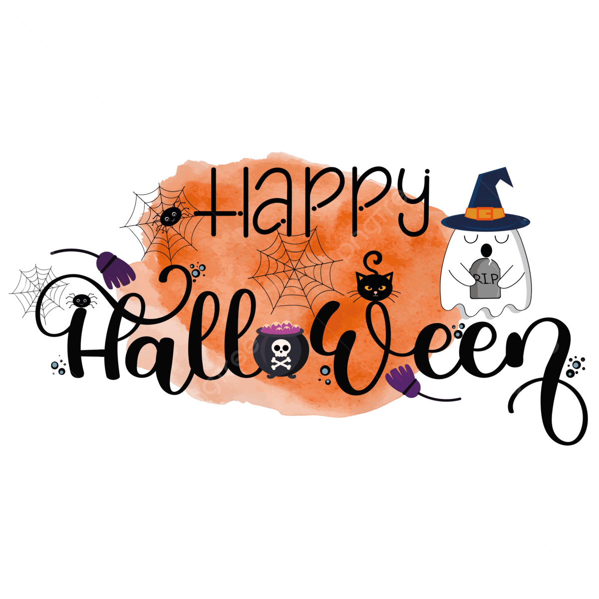 Wallpaper #R_S4OZMBKFX8bn3rxndT295 Happy Halloween Text Hand Lettering with Ghost Spider Web and Cat