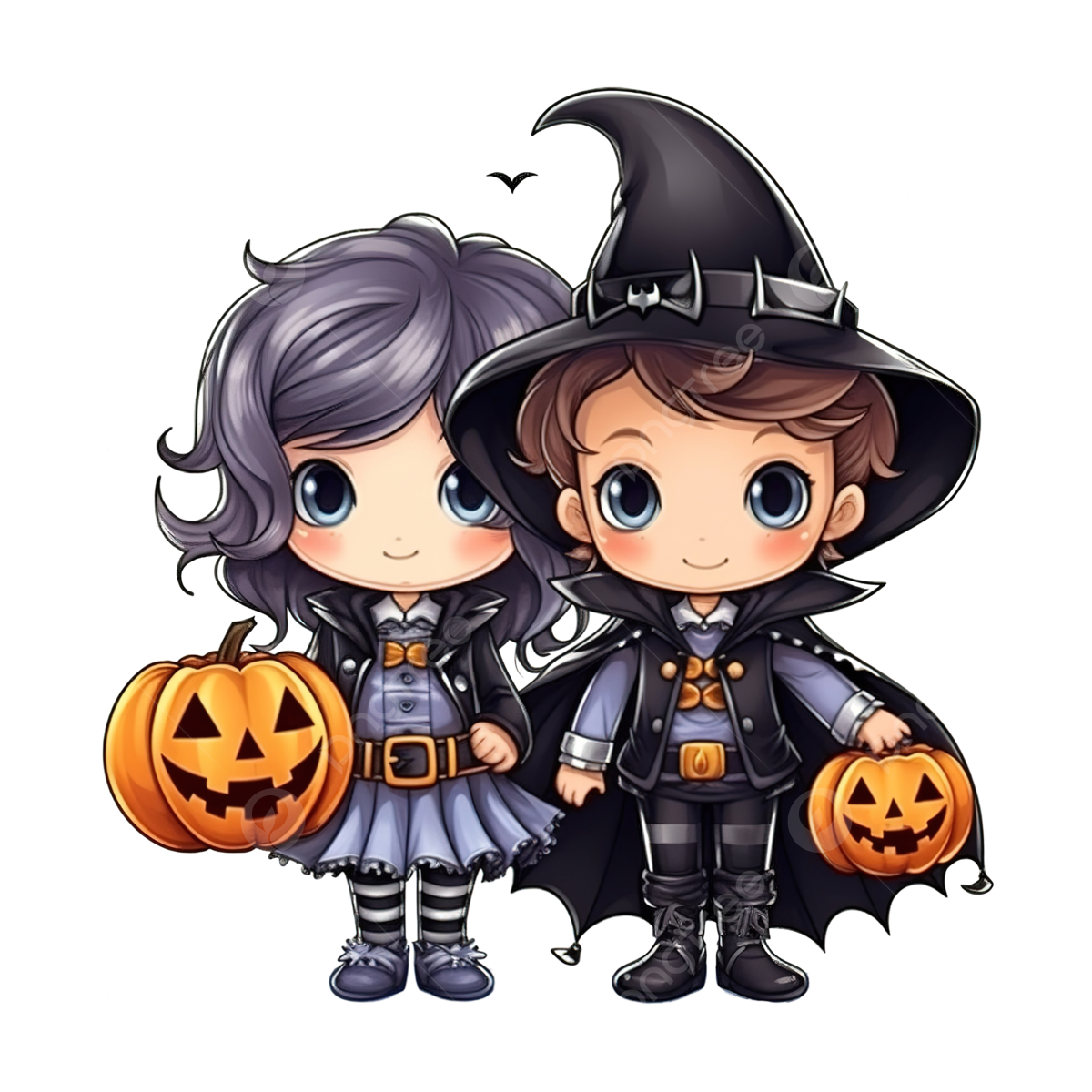 Wallpaper #ran_ipcBxbDgA0RlU_Fj161 Happy Halloween Celebration Girl and Boy with Costumes and Bats Spiders
