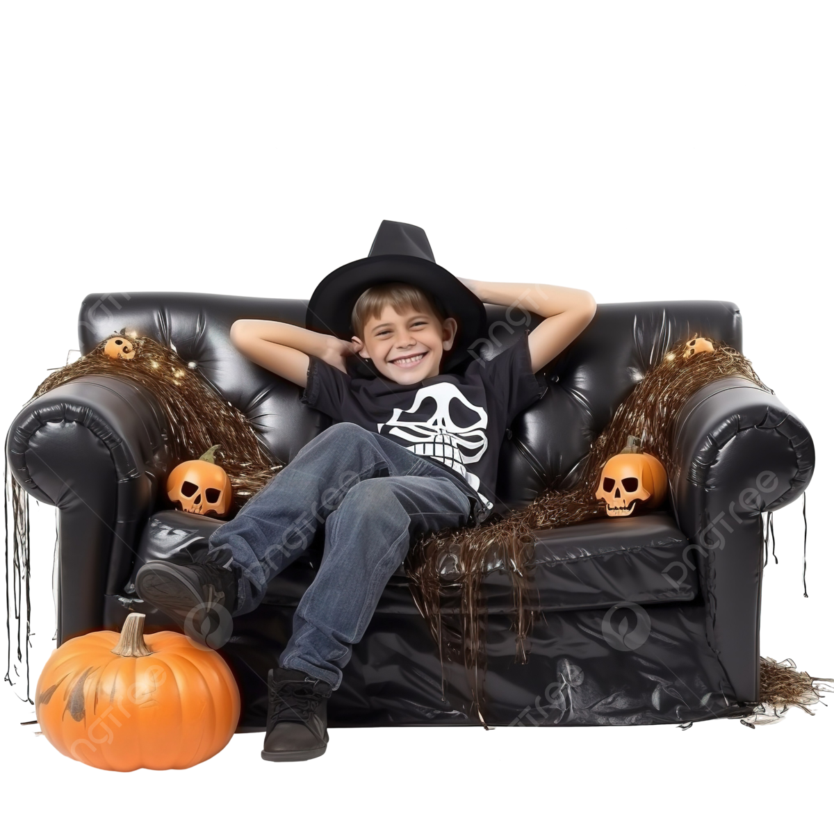 Wallpaper #xGc-AJMBSpphPi3-3KX-209 Happy Cute Boy Reclining on Sofa Front of Halloween Party Decoration